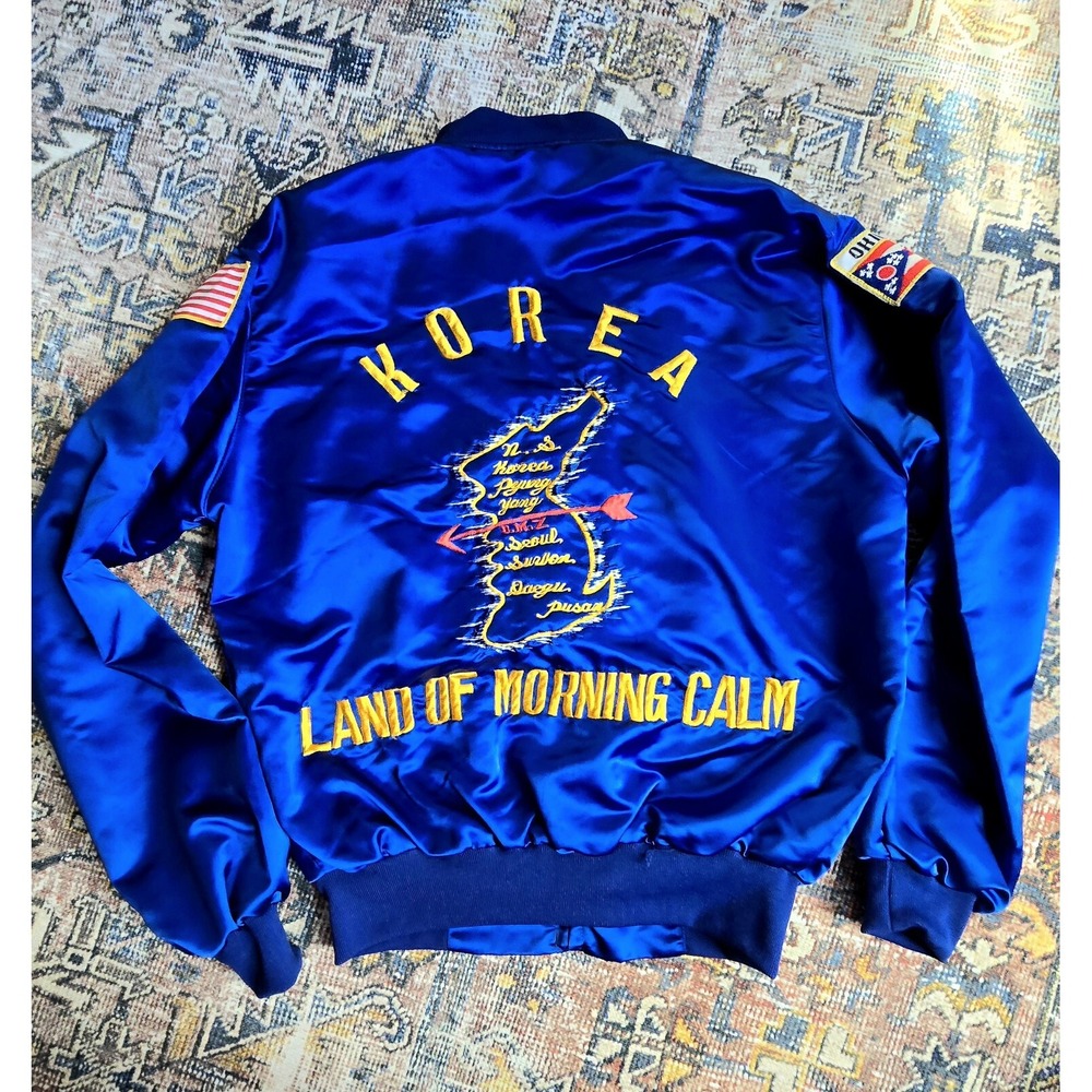 Vintage Men's‎ Blue Satin Korea Souvenir Bomber Jacket US Flag "John" Service...